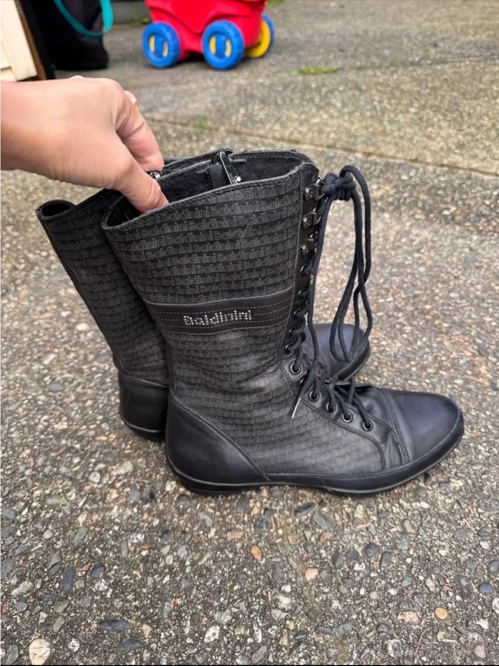 Lamb skin Black Lace-Up Mid-Calf Logo-Pattern Boots